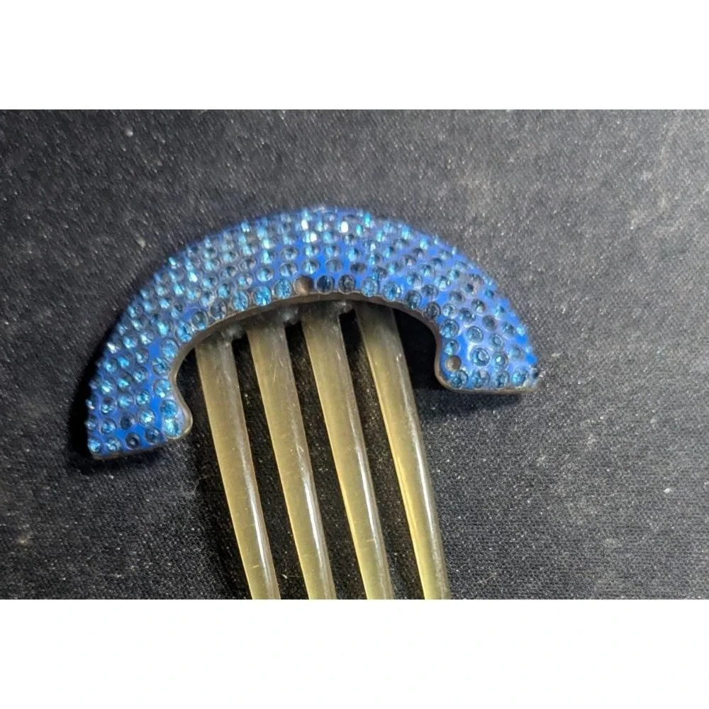 Covabob‎ Decorative Hair Comb Blue Rhinestone Accents Clear Four-Prong vintage